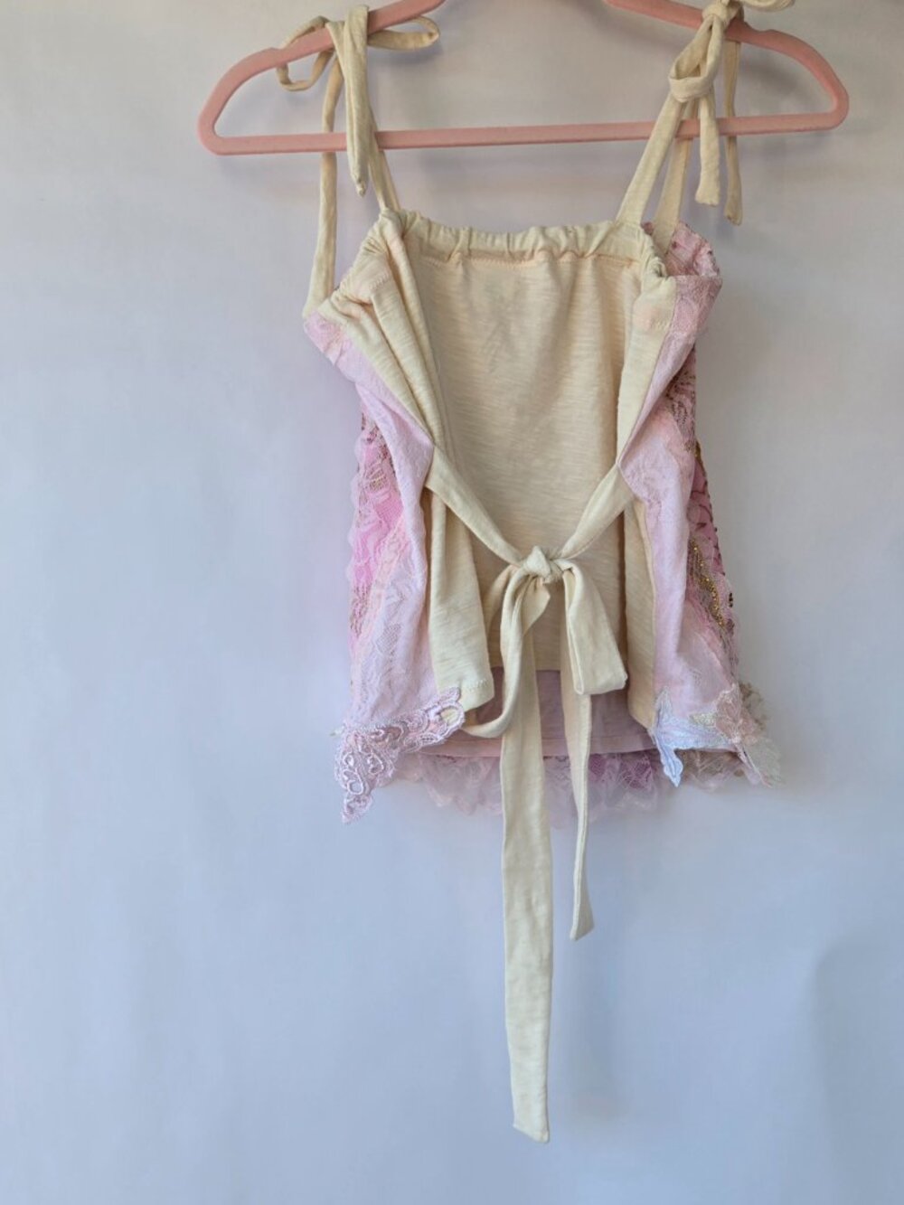 Handmade Cream Pink Gold Embroidered Lace Tube-Top Blouse Balletcore Style Med - Picture 12 of 13